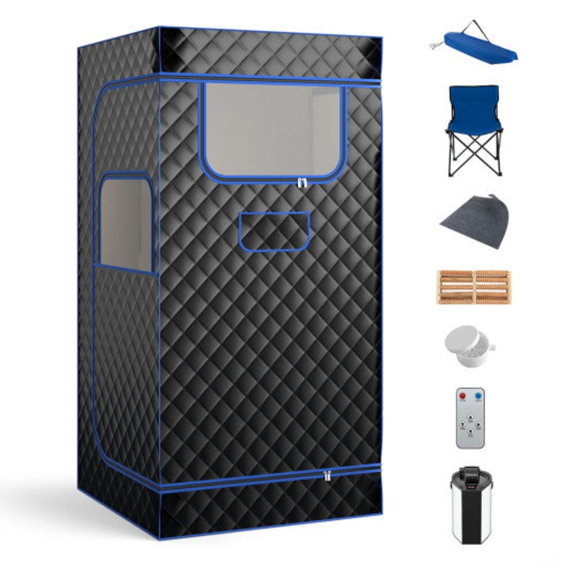 Portable Steam Sauna With 3L Steam Generator Remote Control Wood Foot Massager and Foldable Chair for Home-Black