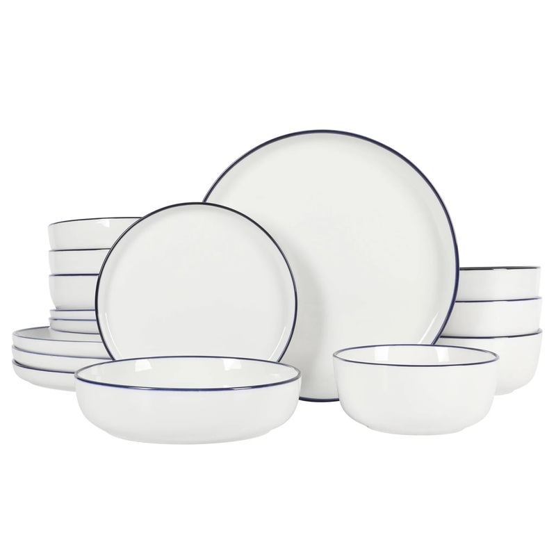 Oslo 16pc Porcelain Dinnerware Set- Blue Rim, Service for 4