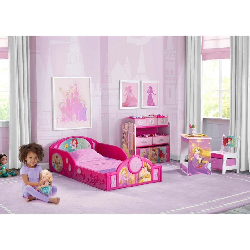 Disney Princess 4-Piece Room-in-a-Box Bedroom Set – Includes Toddler Bed, Toy Bin & Desk with Chair