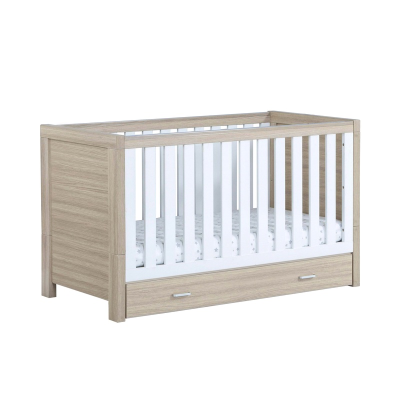 Babymore Luno Cot Bed With Drawer – White Oak