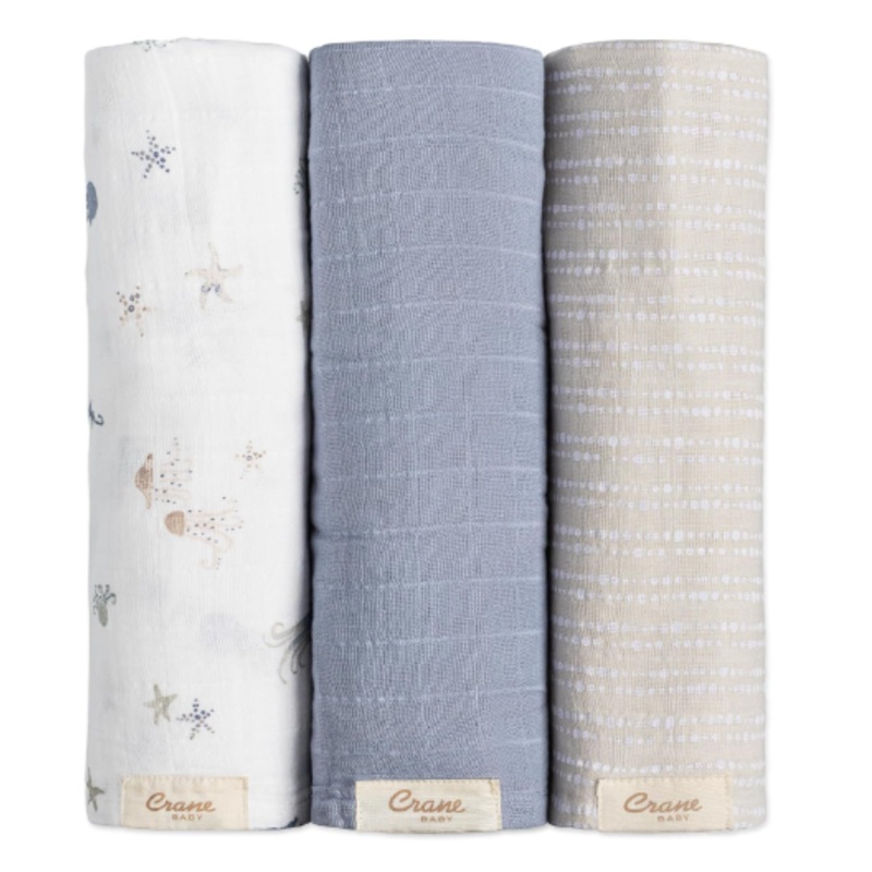 Crane Baby Cotton Muslin Swaddle Blankets Set of 3, Sea Life
