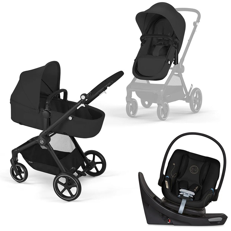 Cybex EOS 5-in-1 Travel System Stroller + Lightweight Aton G Swivel with SensorSafe – Black / Moon Black