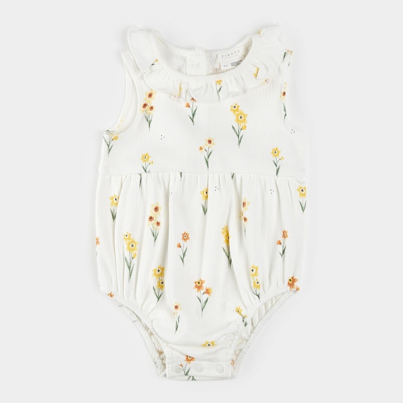 Daffodil Print on Ribbed Off-White Romper