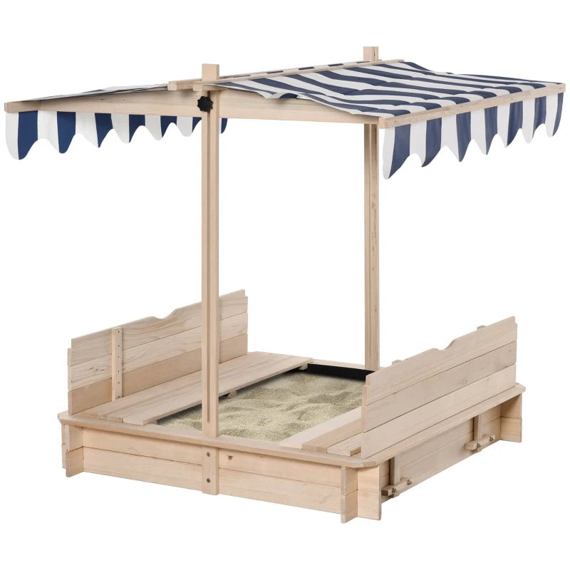 Outsunny Covered Sandbox, Woodenwith Cover Adjustable Canopy – Blue Stripe