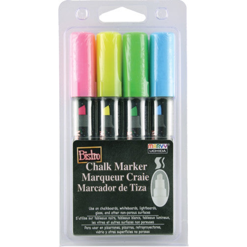 Bistro Chalk Markers, Chisel Tip 4-Color Set, Fluorescent Yellow, Fluorescent Pink, Fluorescent Green, Fluorescent Blue