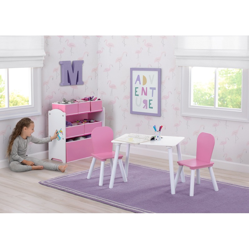4-Piece Toddler Playroom Set  Includes Play Table and 6 Bin Toy Organizer with Reusable Vinyl Cling Stickers
