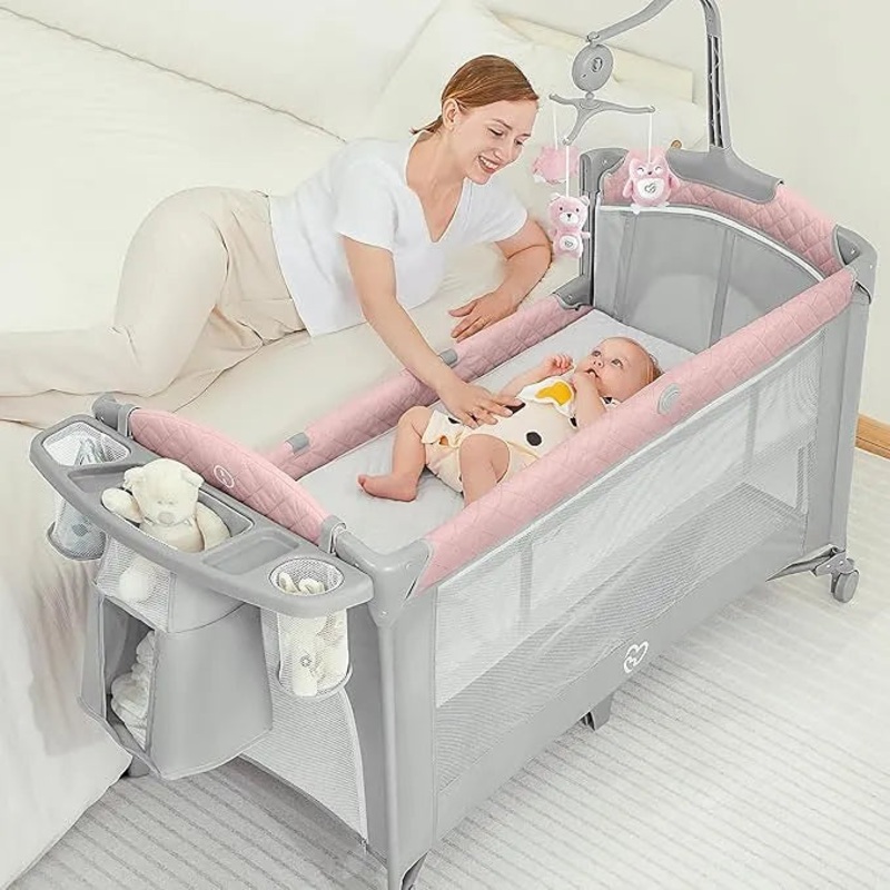 BabyBond Baby Bassinet Bedside Crib, Portable Large Playard, Pink