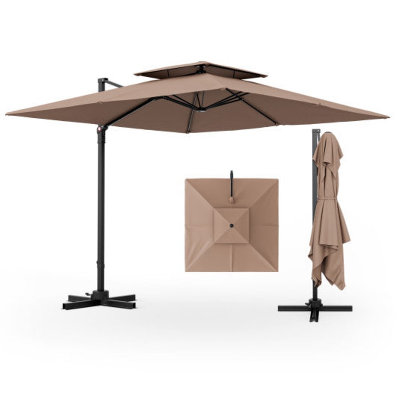 9.5 Feet Cantilever Patio Umbrella With 360 Rotation and Double Top-Coffee