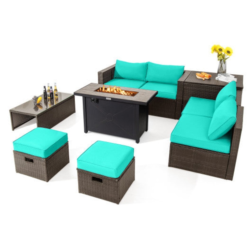 9 Pieces Outdoor Patio Furniture Set With 42 Inch Propane Fire Pit Table-Turquoise