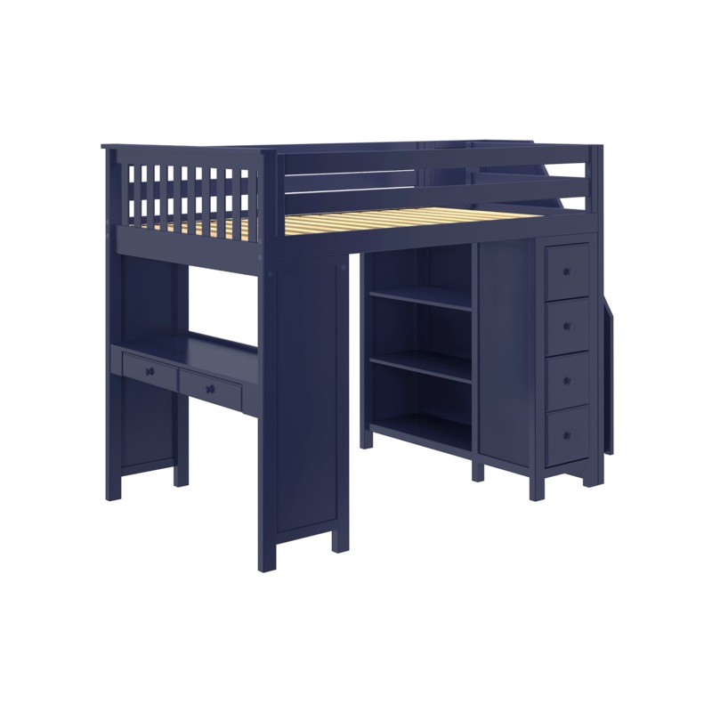 Buxton 3 – Full High Loft w/ Staircase, Dresser-Bookcase & Double-Drawer Desk