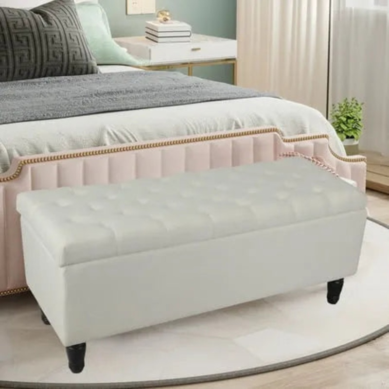 Fionafurn 43 Ottoman with Storage and 2 Footstools Large Storage Bench for Bedroom Living Room(Linen-Beige)