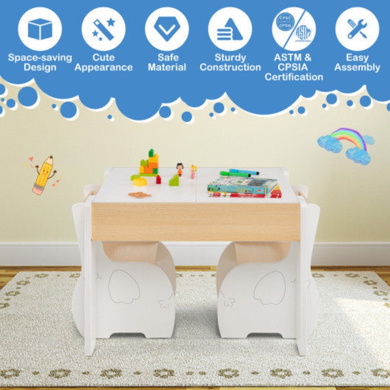 4-in-1 Wooden Activity Kids Table and Chairs With Storage and Detachable Blackboard-White