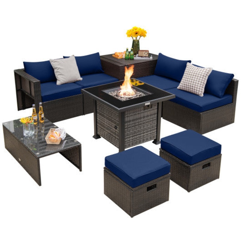Outdoor 9 Pieces Patio Furniture Set With 50 000 BTU Propane Fire Pit Table-Navy