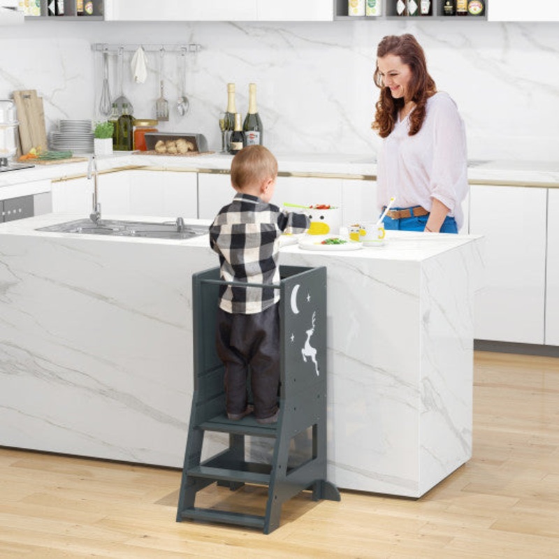 Toddler Kitchen Stool Helper Baby Standing Tower With Chalkboard and Whiteboard-Gray