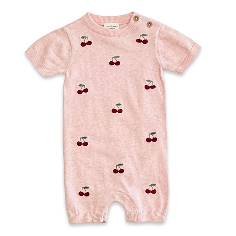 Embroidered Knit Short Sleeve Baby Romper Cherry