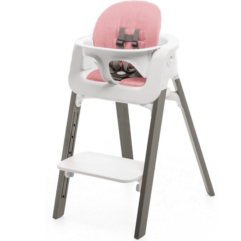 Stokke Steps Chair + Cushion (No Tray) – White/Hazy Grey/Pink