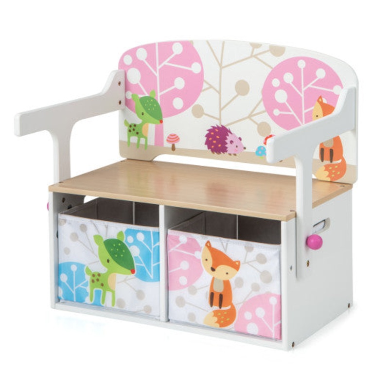 3 in 1 Kids Convertible Activity Bench With 2 Removable Fabric Bins-White