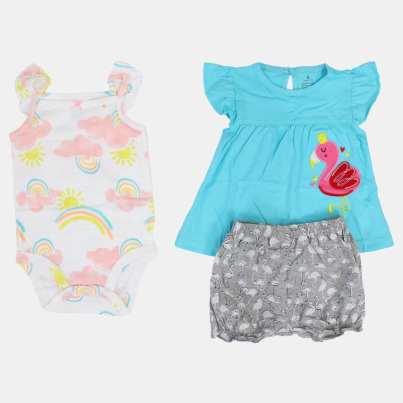Baby Girls Cotton 3-Piece Outfit Set  Aqua with Flamingo Design