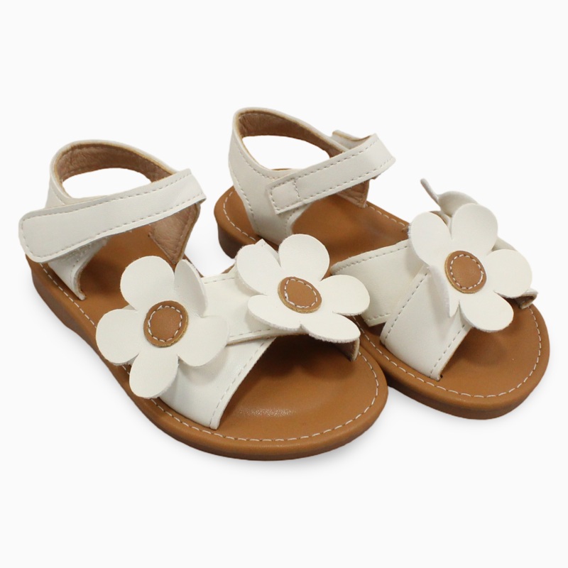 Baby Girls Leather Sandals  White with Flowers