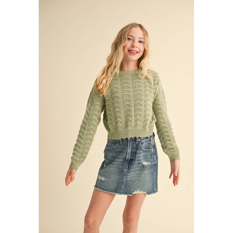 Heart And Arrow Wavy Pointelle Crew Neck Sweater