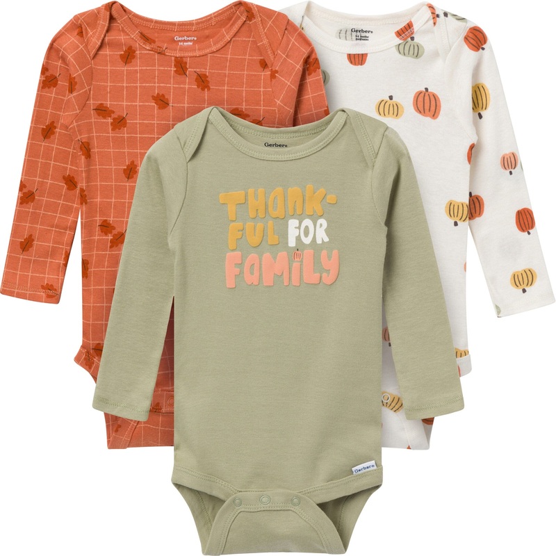 3-Pack Baby Neutral Thankful Long Sleeve Onesies Bodysuits