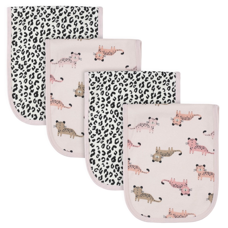 4-Pack Girls Leopard Terry Burp Cloths