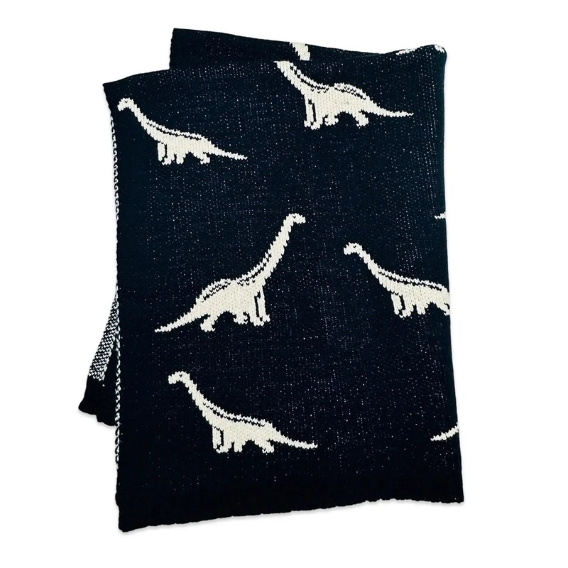 Viverano – Organic Cotton Jacquard Knit Blanket – Navy Dinosaur