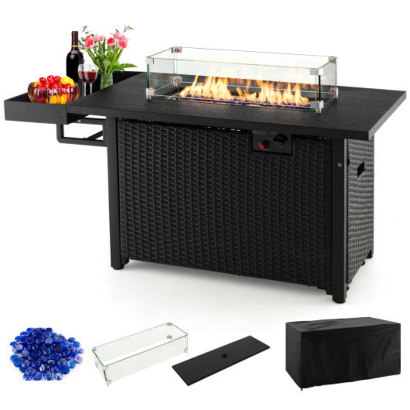 52 Inches Outdoor Wicker Gas Fire Pit Propane Fire Table With Cover-Black