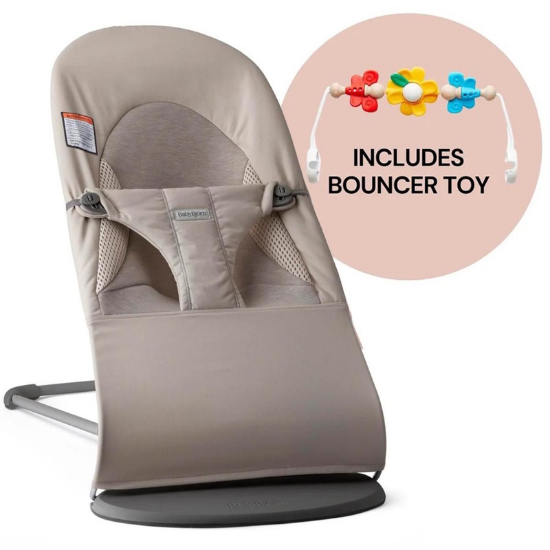BabyBjrn Bouncer + Toy Bundle – Balance Soft (Tri-Fabric) Sand Gray / Flying Friends
