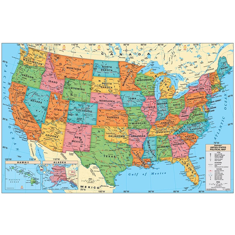 US Wall Map 49″W x 33″H) Laminated