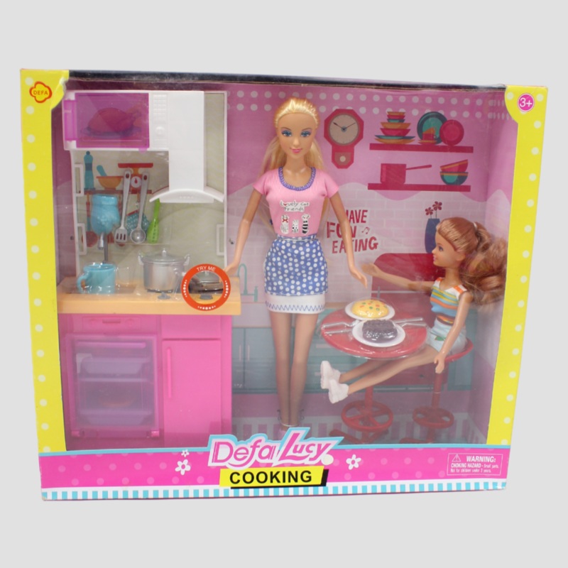 Defa Lucy Set of 2 Bendable Dolls with Kitchen & Accessories  Light-Up Playset!