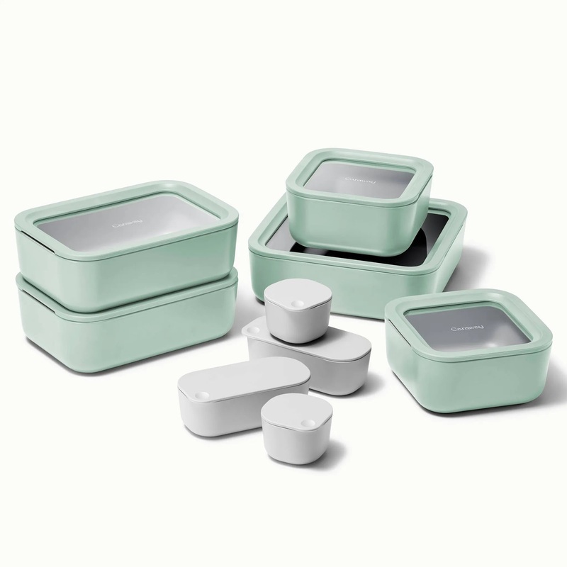 17pc Food Storage Set Mist: Ceramic-Coated Glass Containers – Green