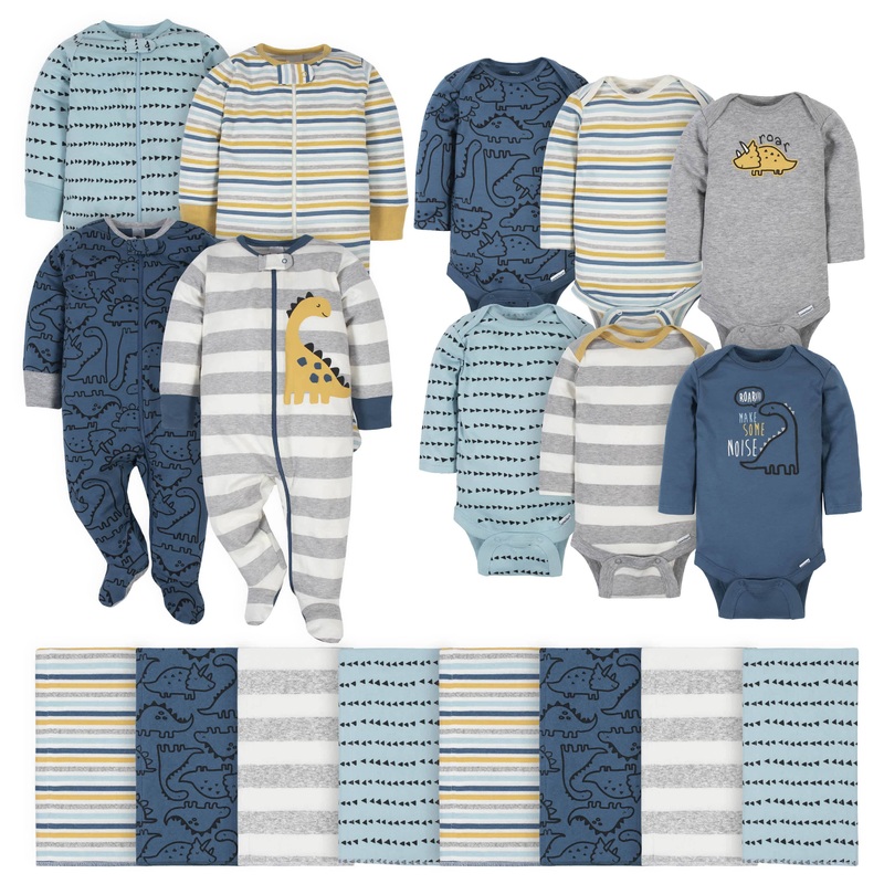 18-Piece Baby Boys Dinosaur Sleep ‘N Play, Onesies Bodysuit, and Burpcloth Set