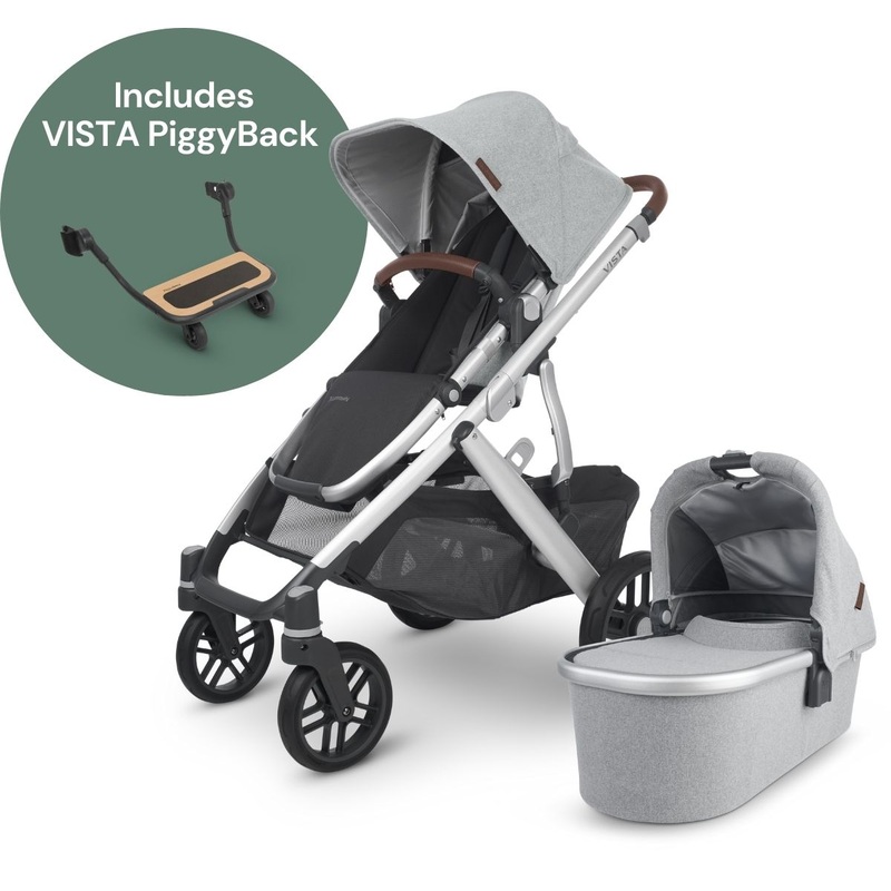 UPPAbaby Vista V2 Single-to-Double Stroller + PiggyBack Ride-Along Bundle – Stella (Brushed Grey Melange)