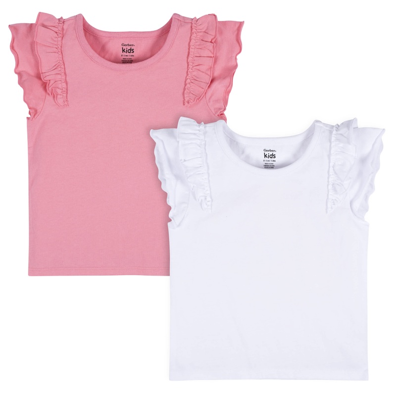 2-Pack Infant Girls Pink & White Double Ruffle Tops, 12M
