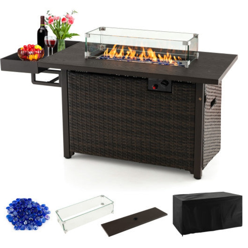 52 Inches Outdoor Wicker Gas Fire Pit Propane Fire Table With Cover-Brown