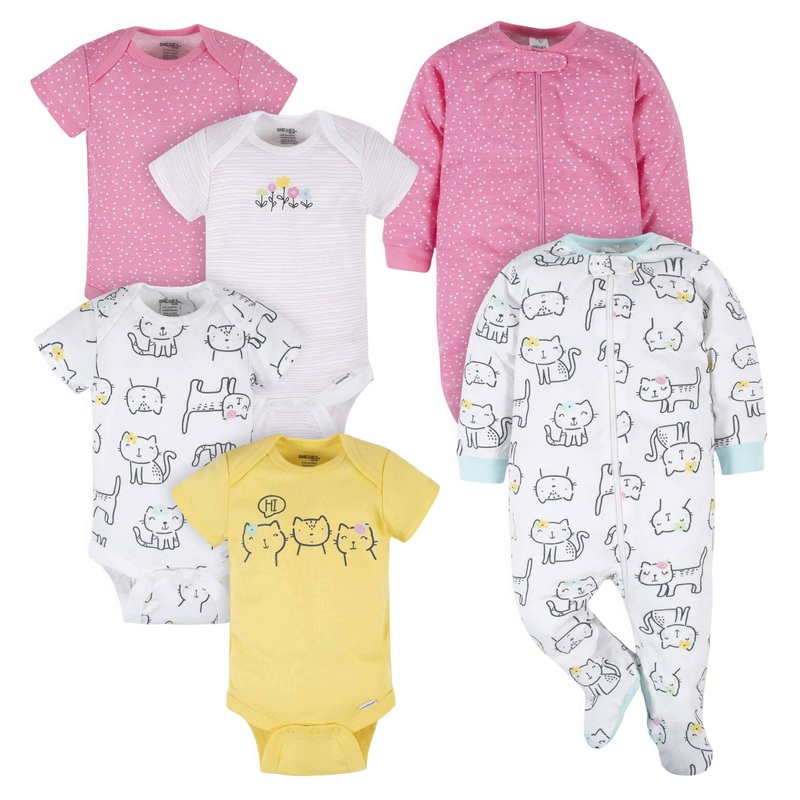 6-Piece Baby Girls Cat Onesies Brand Bodysuit & Sleep ‘N Play Set