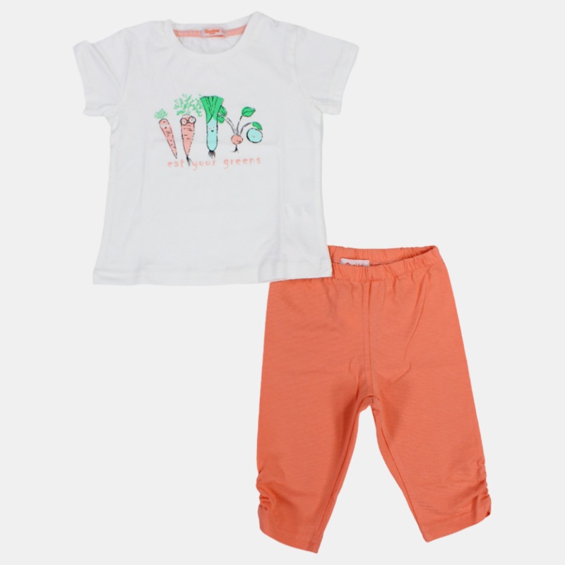 Girls Short-Sleeved Cotton 2-Piece Outfit Set with “Eat Your Greens” Print