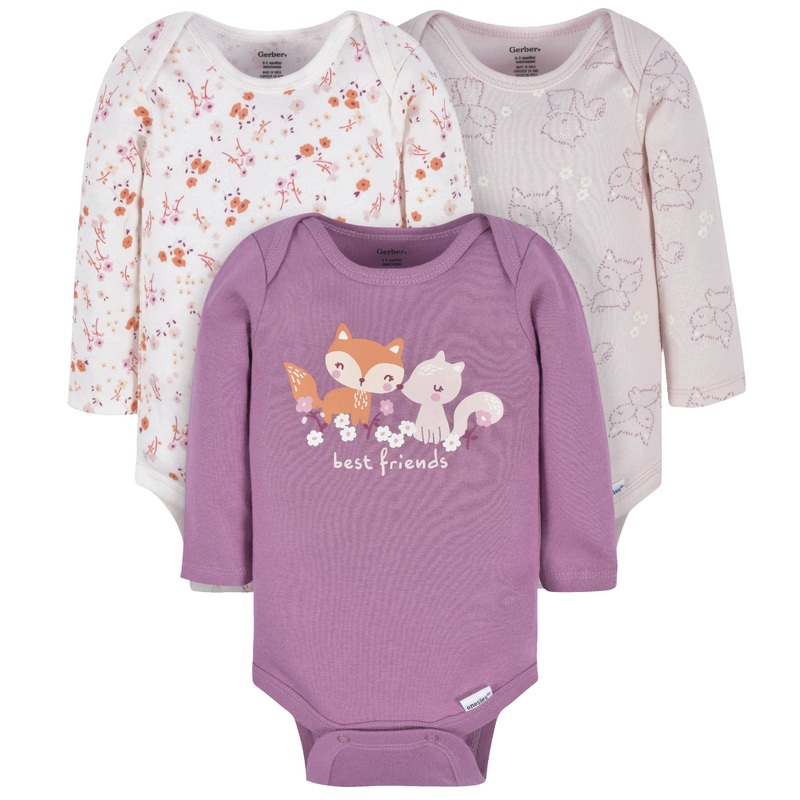 3-Pack Baby Girls Purple Woodland Long Sleeve Onesies Bodysuits