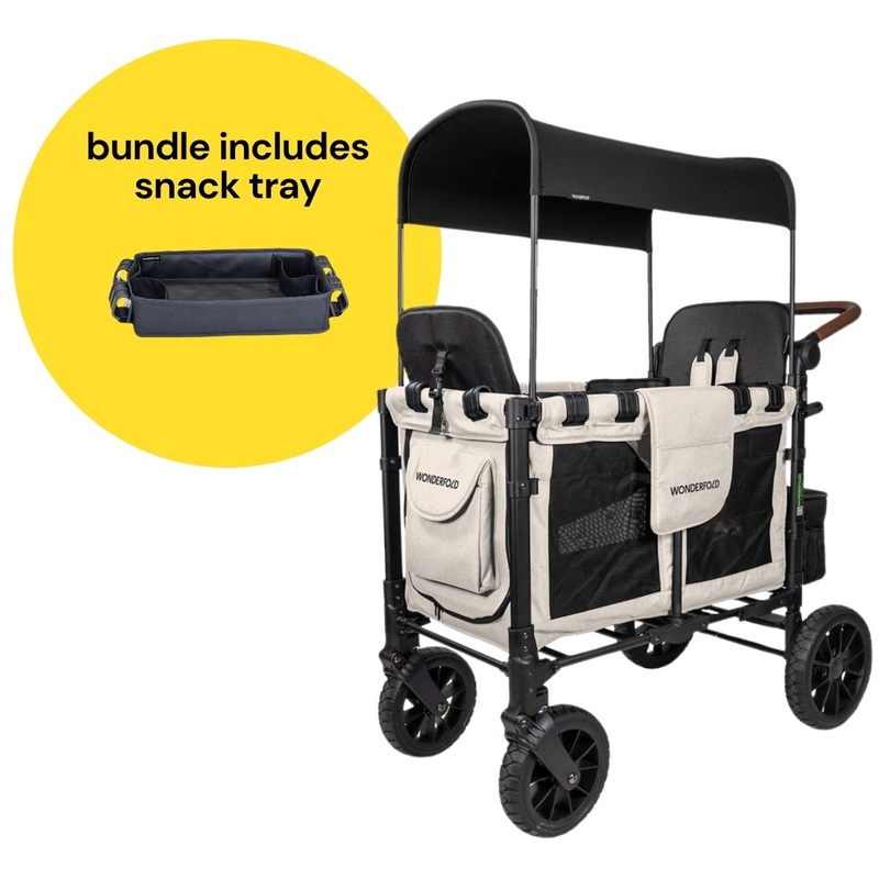 Wonderfold W2 Luxe Multifunctional Double (2 seater) Stroller Wagon + Snack Tray Bundle – Sandy Beige / Black Canopy (Albee Exclusive)