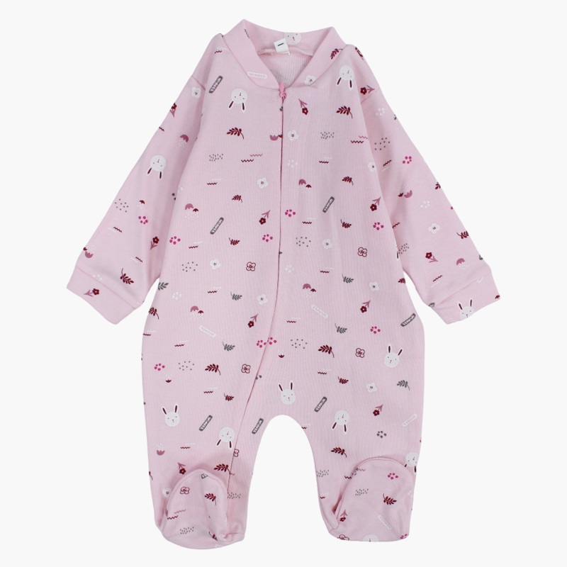 Baby Girls Cotton Baby Footie  Pink with Bunny Face Print