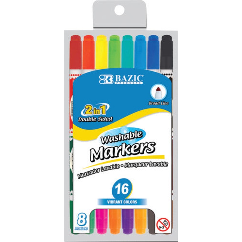 BAZIC Washable Markers, Double-Tip, 16 colors