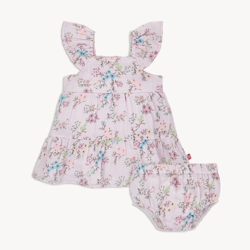 Emily Cotton Magnetic Little Baby Ruffle Sleeve Dress + Diaper Cover Set