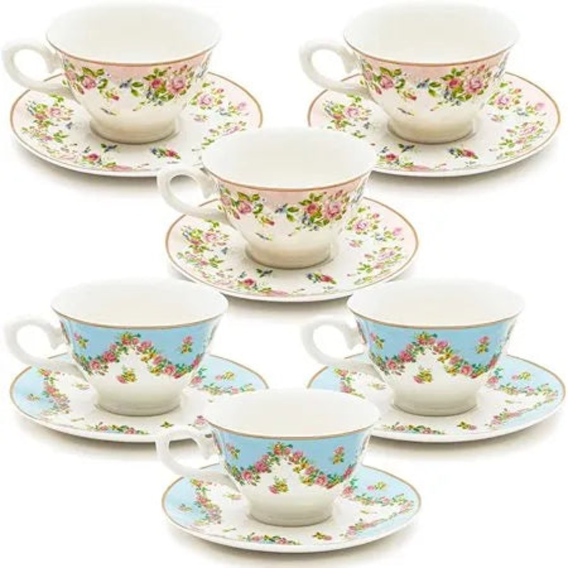 Sparkle and Bash Vintage Floral Tea Cups and Saucers Set of 6