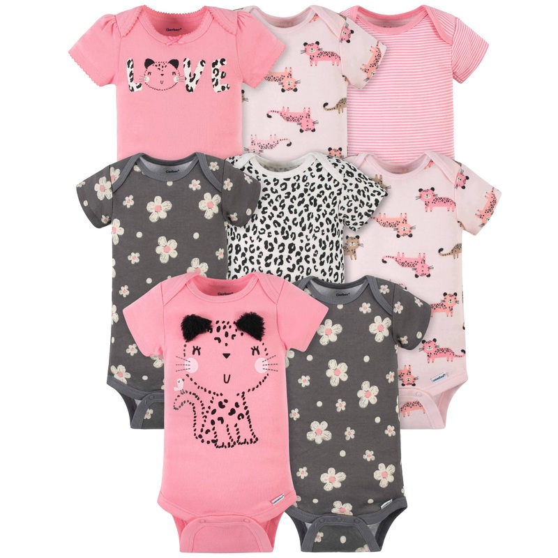 8-Pack Baby Girls Leopard Short Sleeve Onesies Bodysuits