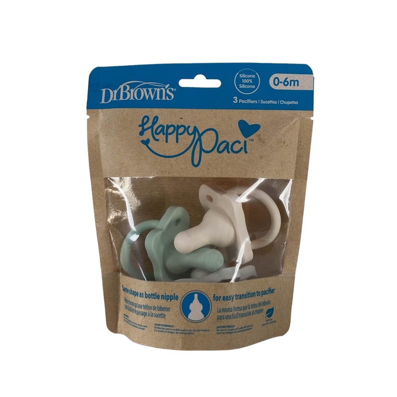 Dr. Brown’s HappyPaci Silicone Pacifier, 3 Pack, 0-6 Months, Cool Gray/Green/Cream