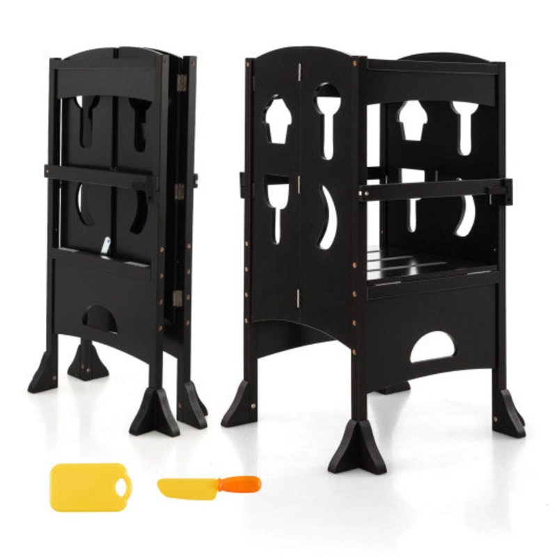 Folding Wooden Step Stool With Lockable Safety Rail for Toddler 3+-Coffee