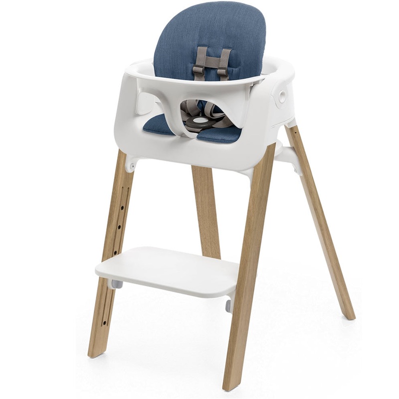 Stokke Steps Chair + Cushion (No Tray) – White/Oak Natural/Blue