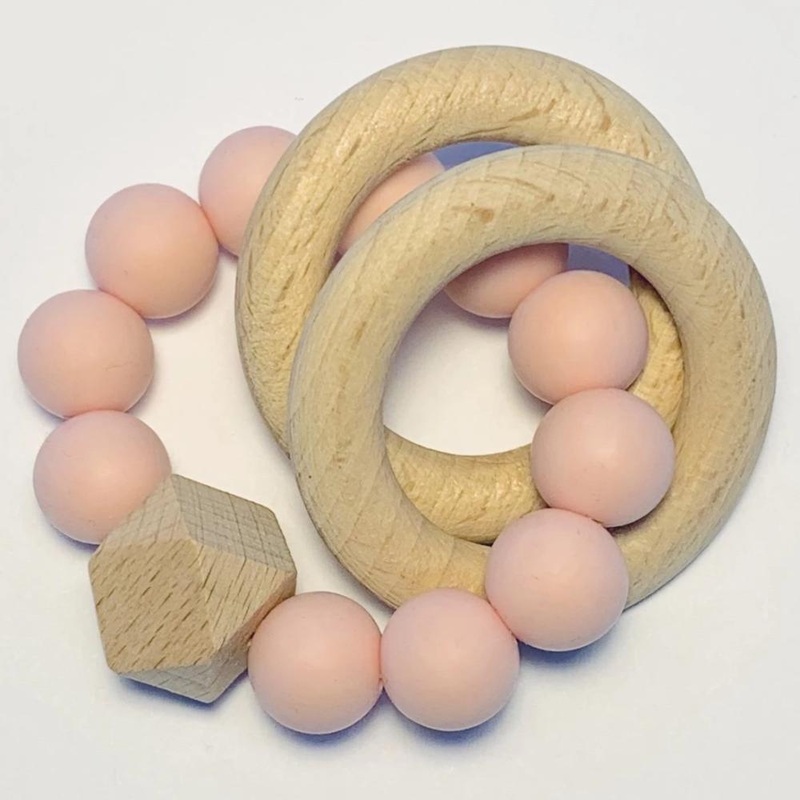 Sugar + Maple Silicone + Beechwood Teether 2-Ring – Blush