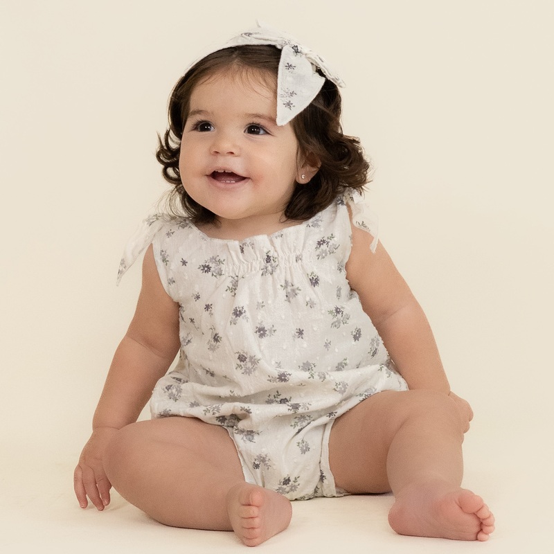 Makemake Organic Tie Shoulder Bubble Romper | Pastel Bloom